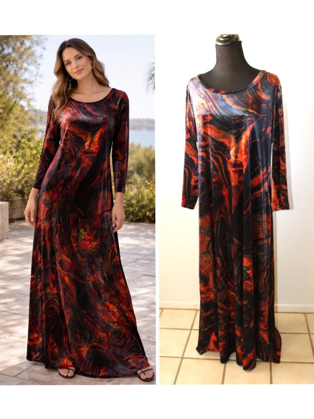 Soft Surrounding Santiago Stretch Velvet Maxi Dress Size XL Abstract Rust Pocket